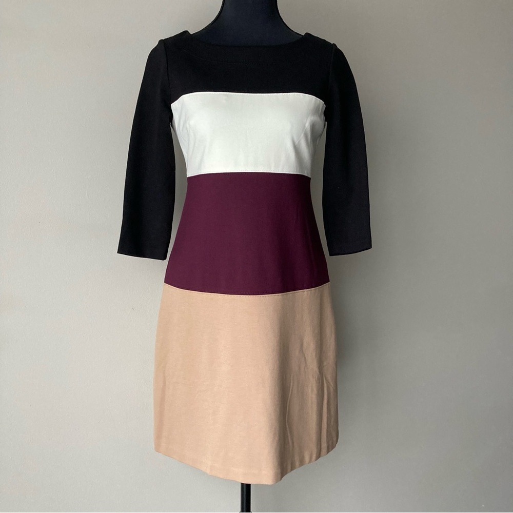 White House Black Market Colorblock Sheath‎ Dress Black Burgundy Tan Size 0